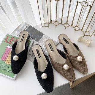Furry Faux Pearl Accent Low-heel Mules