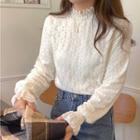 Semi High-neck Lantern-sleeve Chiffon Top Almond - One Size