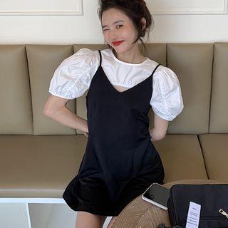Short-sleeve Shrug / Spaghetti Strap Plain Mini Dress