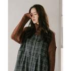 Buttoned Plaid Long Pinafore Dress One Size