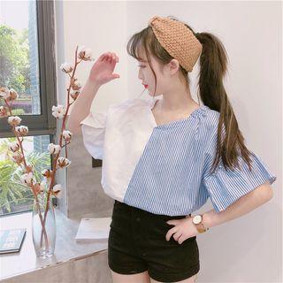 V-neck Striped Panel Short-sleeve T-shirt Stripe - Blue - One Size