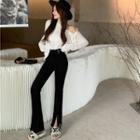 Set: One-shoulder Long-sleeve Zip Plain Sweater / High-waist Plain Hem-slit Pants