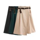Asymmetrical Hem Midi A-line Skirt With Belt