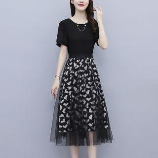 Short-sleeve Panel Heart Print Dress