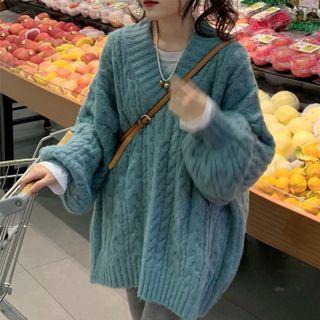 V-neck Cable Knit Oversized Sweater Sweater - Blue - One Size