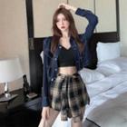 Plaid Mini A-line Skort / Contrast Stitching Crop Shirt