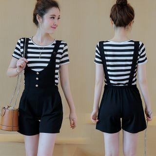 Set: Short-sleeve Striped T-shirt + Wide-leg Jumper Shorts