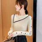 Buttoned Contrast Trim Long-sleeve Knit Top