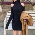 Long-sleeve Cold Shoulder Knit Turtleneck Mini Bodycon Dress