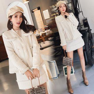 Set: Double Button Plaid Blazer + A-line Skirt