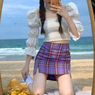 Puff-sleeve 3/4-sleeve Blouse / Plaid Slim-fit Skirt