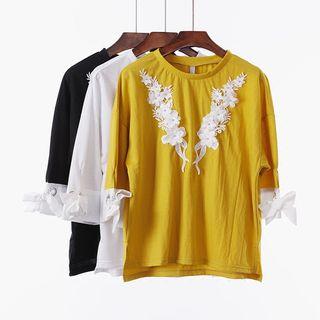 Elbow-sleeve Tie-cuff Applique Top