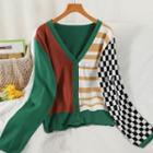 Patterned Panel Color Block Cardigan Green - One Size