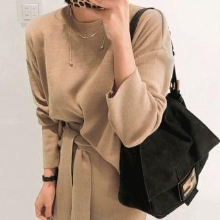 Set: Crew-neck Knit Top + Tie-waist Long Skirt