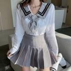 Set: Sailor Collar Shirt + Bow + Pleated A-line Skirt