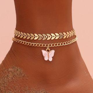 Set Of 2: Butterfly Charm Anklet Af156 - Set Of 2 - Gold - One Size