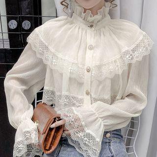 Lace Trim Mock-neck Blouse