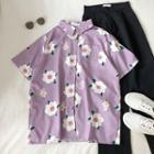 Flower Print Single-breasted Short-sleeve Blouse Purple - One Size