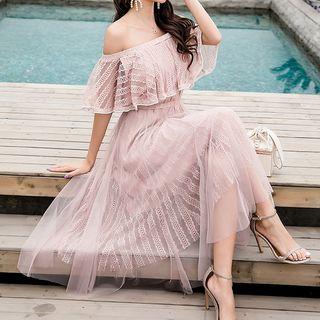 Off-shoulder Lace Ruffled Midi Dress
