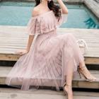 Off-shoulder Lace Ruffled Midi Dress