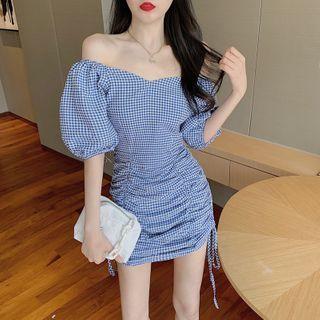 Puff-sleeve Plaid Mini Bodycon Dress