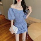 Puff-sleeve Plaid Mini Bodycon Dress