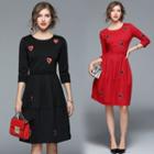 3/4-sleeve Sweetheart Embroidered A-line Dress