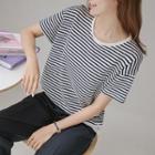 Drawcord-hem Striped Linen T-shirt