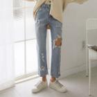 Cutout Ripped Washed Straight-cut Jeans