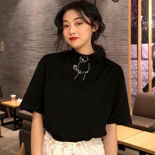 Mock Turtleneck Short-sleeve Embroidered T-shirt