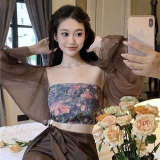 Floral Tube Top / Cropped Light Jacket