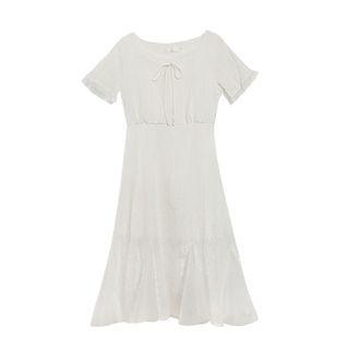 Short-sleeve Tie Neck Plain Dress