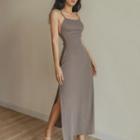 Spaghetti Strap Plain Open-back Midi A-line Dress