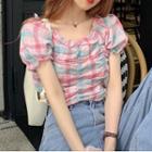 Short-sleeve Plaid Cropped Blouse Pink - One Size