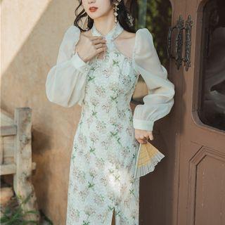Long-sleeve Floral Cutout Slit Midi Sheath Dress