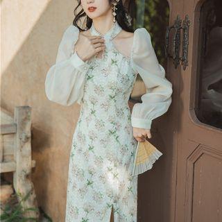 Long-sleeve Floral Cutout Slit Midi Sheath Dress