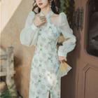 Long-sleeve Floral Cutout Slit Midi Sheath Dress