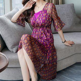 Set: Plain Slipdress + Printed Elbow-sleeve Dress