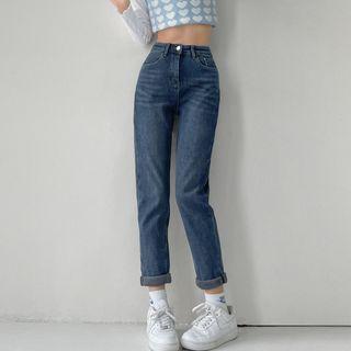 Fleece-lined Mid Rise Straight Leg Jeans