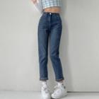 Fleece-lined Mid Rise Straight Leg Jeans