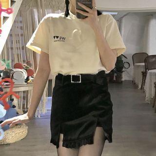 Lettering Short-sleeve T-shirt / Irregular Hem Mini Skirt