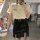 Lettering Short-sleeve T-shirt / Irregular Hem Mini Skirt