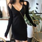 Cold-shoulder Long-sleeve Mini Knit Sheath Dress Black - One Size