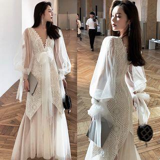 Long-sleeve Mesh A-line Maxi Evening Dress