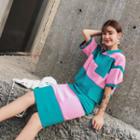 Set: Elbow-sleeve Striped Collar Knit Top + Knit Skirt