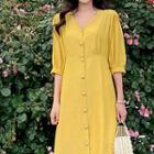 V-neck Lantern-sleeve Midi Dress Yellow - One Size