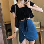 Short-sleeve Drawstring Cropped Blouse / A-line Denim Skirt