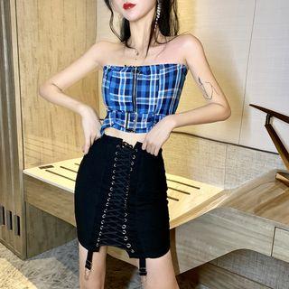 Plaid Zip Cropped Tube Top / Lace-up Mini Fitted Skirt