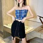 Plaid Zip Cropped Tube Top / Lace-up Mini Fitted Skirt