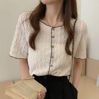 Elbow-sleeve Pointelle Button-up Blouse